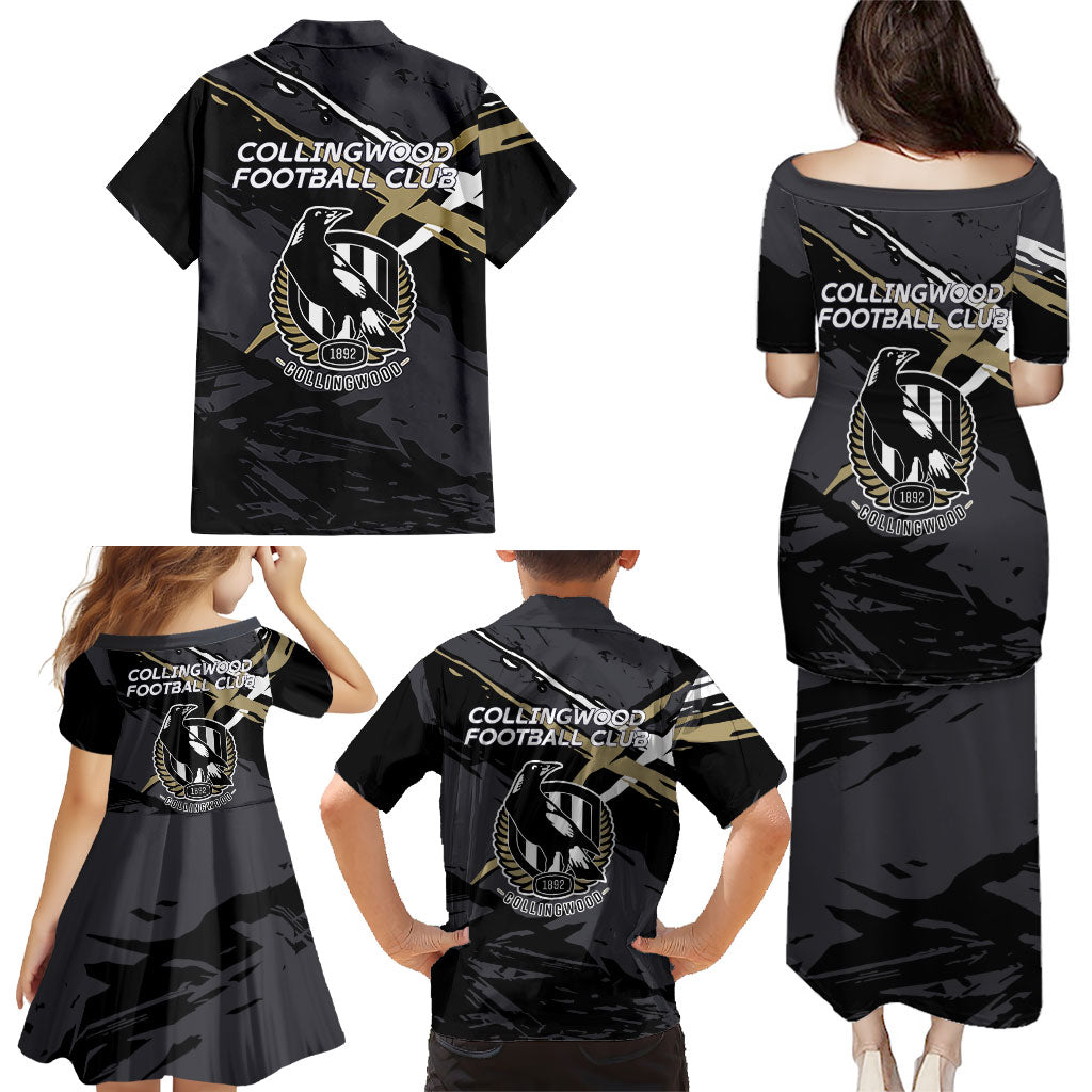 Collingwood Football Club Family Matching Puletasi and Hawaiian Shirt Magpies Muscular Mascot Graphic - Abstract Paint Splatter Art