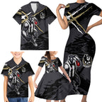 Collingwood Football Club Family Matching Short Sleeve Bodycon Dress and Hawaiian Shirt Magpies Muscular Mascot Graphic - Abstract Paint Splatter Art