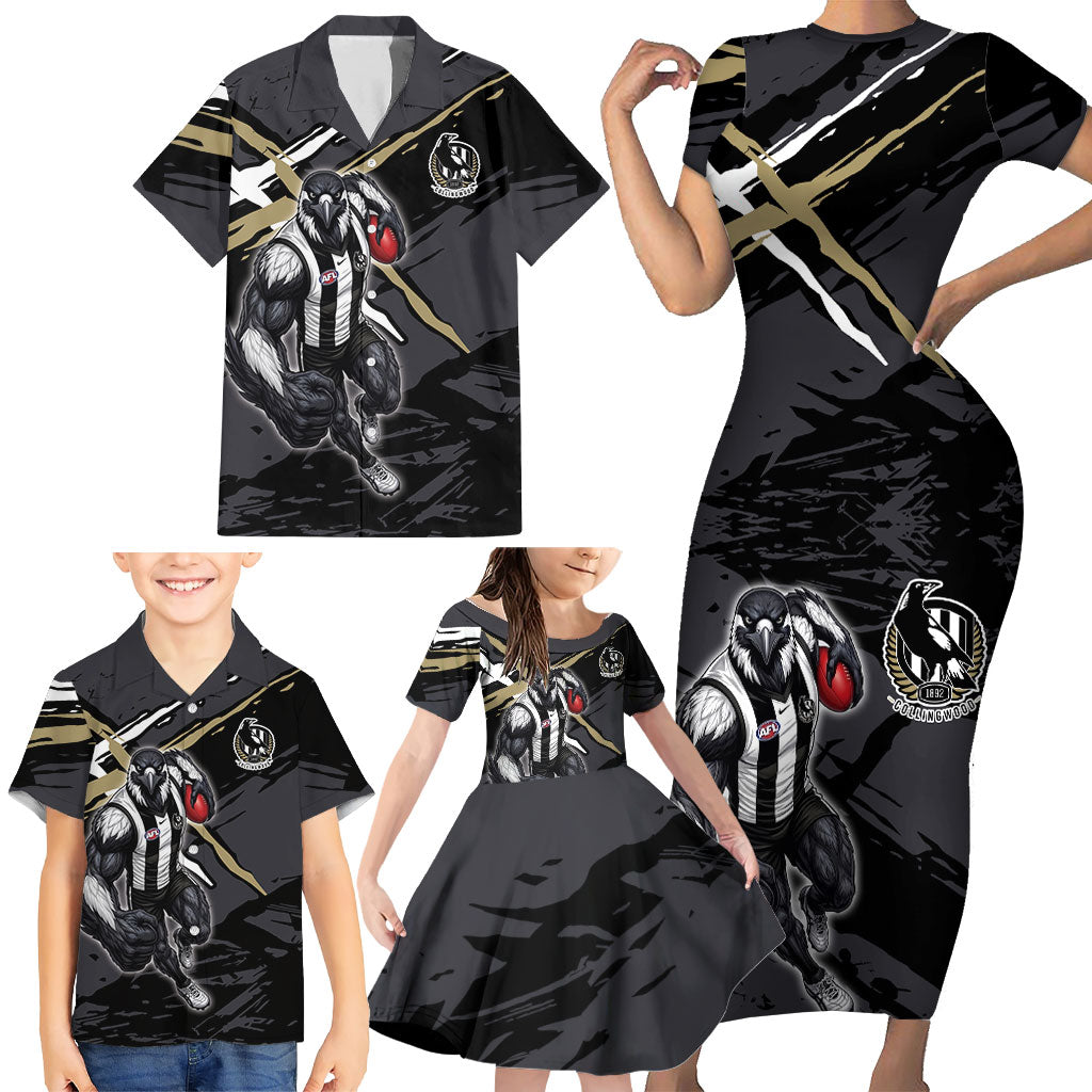 Collingwood Football Club Family Matching Short Sleeve Bodycon Dress and Hawaiian Shirt Magpies Muscular Mascot Graphic - Abstract Paint Splatter Art