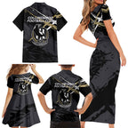 Collingwood Football Club Family Matching Short Sleeve Bodycon Dress and Hawaiian Shirt Magpies Muscular Mascot Graphic - Abstract Paint Splatter Art