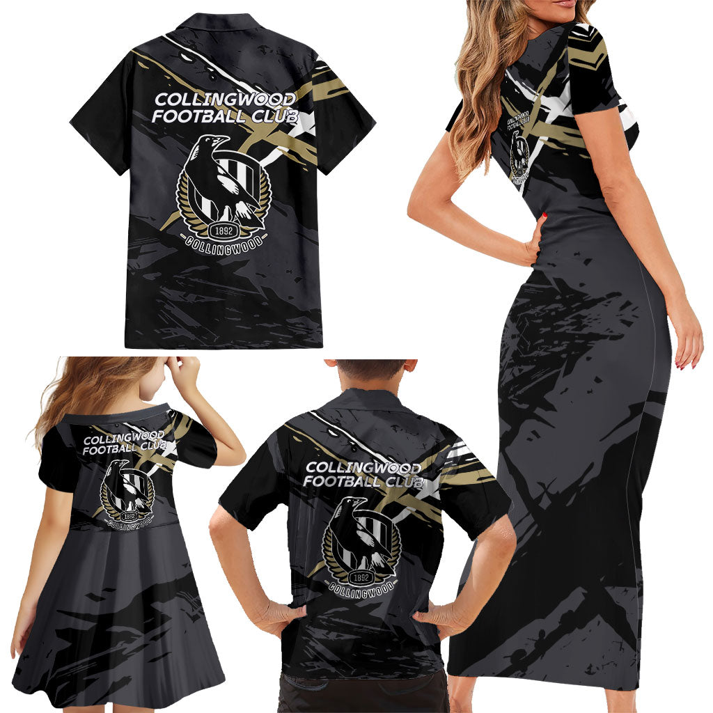 Collingwood Football Club Family Matching Short Sleeve Bodycon Dress and Hawaiian Shirt Magpies Muscular Mascot Graphic - Abstract Paint Splatter Art
