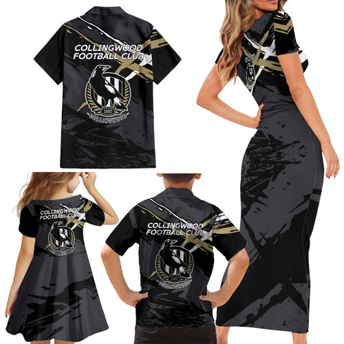 Collingwood Football Club Family Matching Short Sleeve Bodycon Dress and Hawaiian Shirt Magpies Muscular Mascot Graphic - Abstract Paint Splatter Art