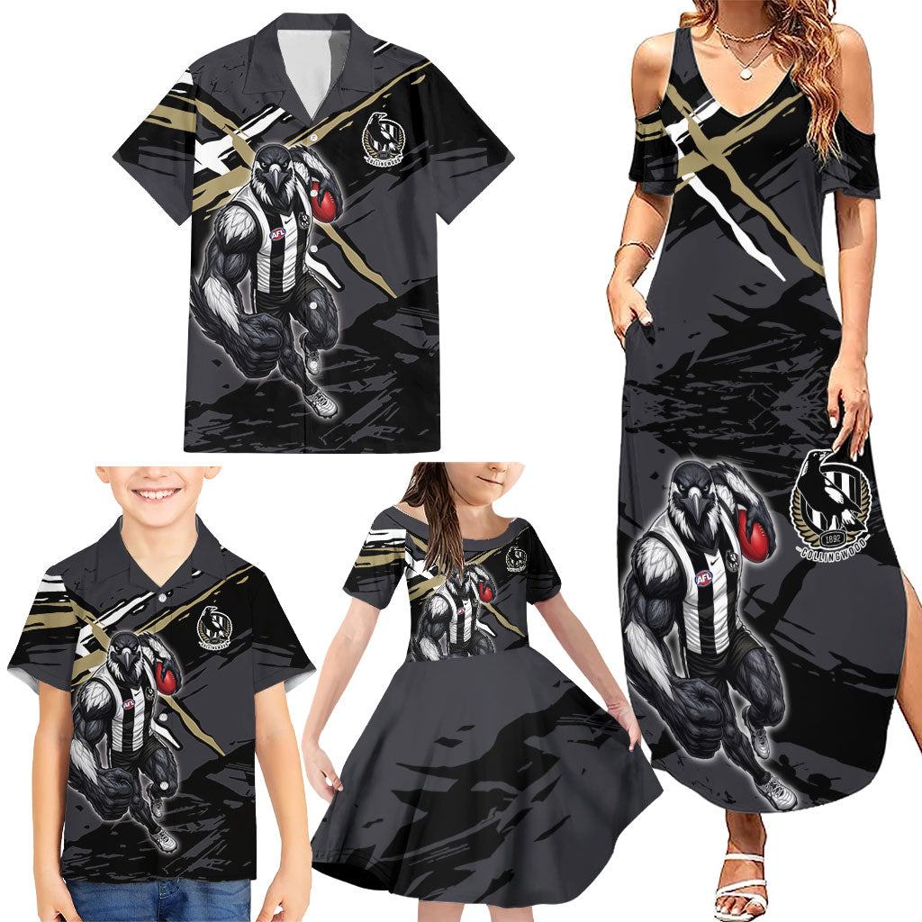 Collingwood Football Club Family Matching Summer Maxi Dress and Hawaiian Shirt Magpies Muscular Mascot Graphic - Abstract Paint Splatter Art