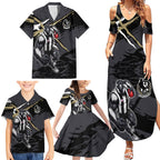 Collingwood Football Club Family Matching Summer Maxi Dress and Hawaiian Shirt Magpies Muscular Mascot Graphic - Abstract Paint Splatter Art