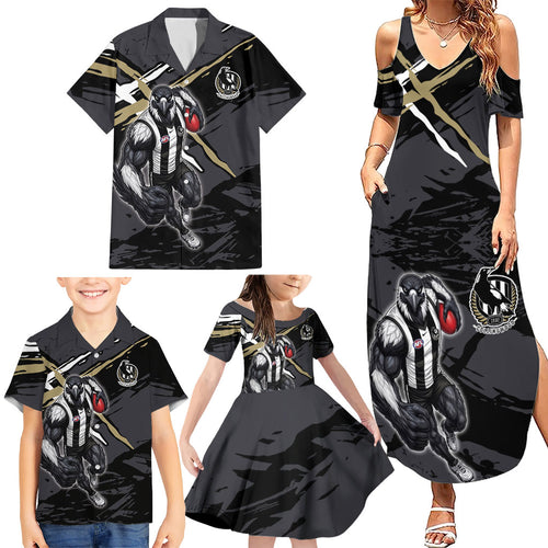Collingwood Football Club Family Matching Summer Maxi Dress and Hawaiian Shirt Magpies Muscular Mascot Graphic - Abstract Paint Splatter Art