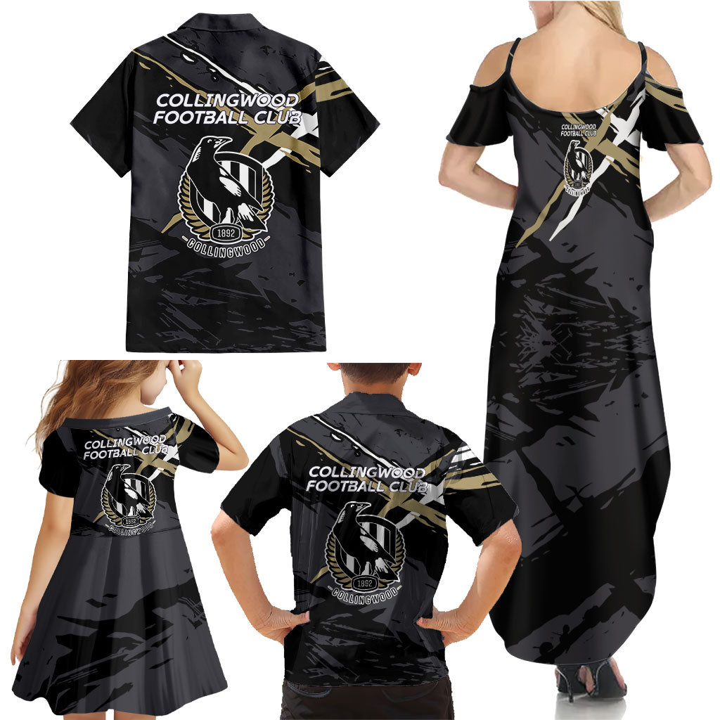 Collingwood Football Club Family Matching Summer Maxi Dress and Hawaiian Shirt Magpies Muscular Mascot Graphic - Abstract Paint Splatter Art