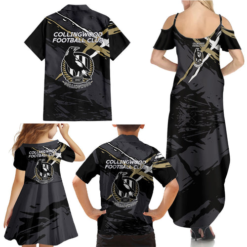 Collingwood Football Club Family Matching Summer Maxi Dress and Hawaiian Shirt Magpies Muscular Mascot Graphic - Abstract Paint Splatter Art