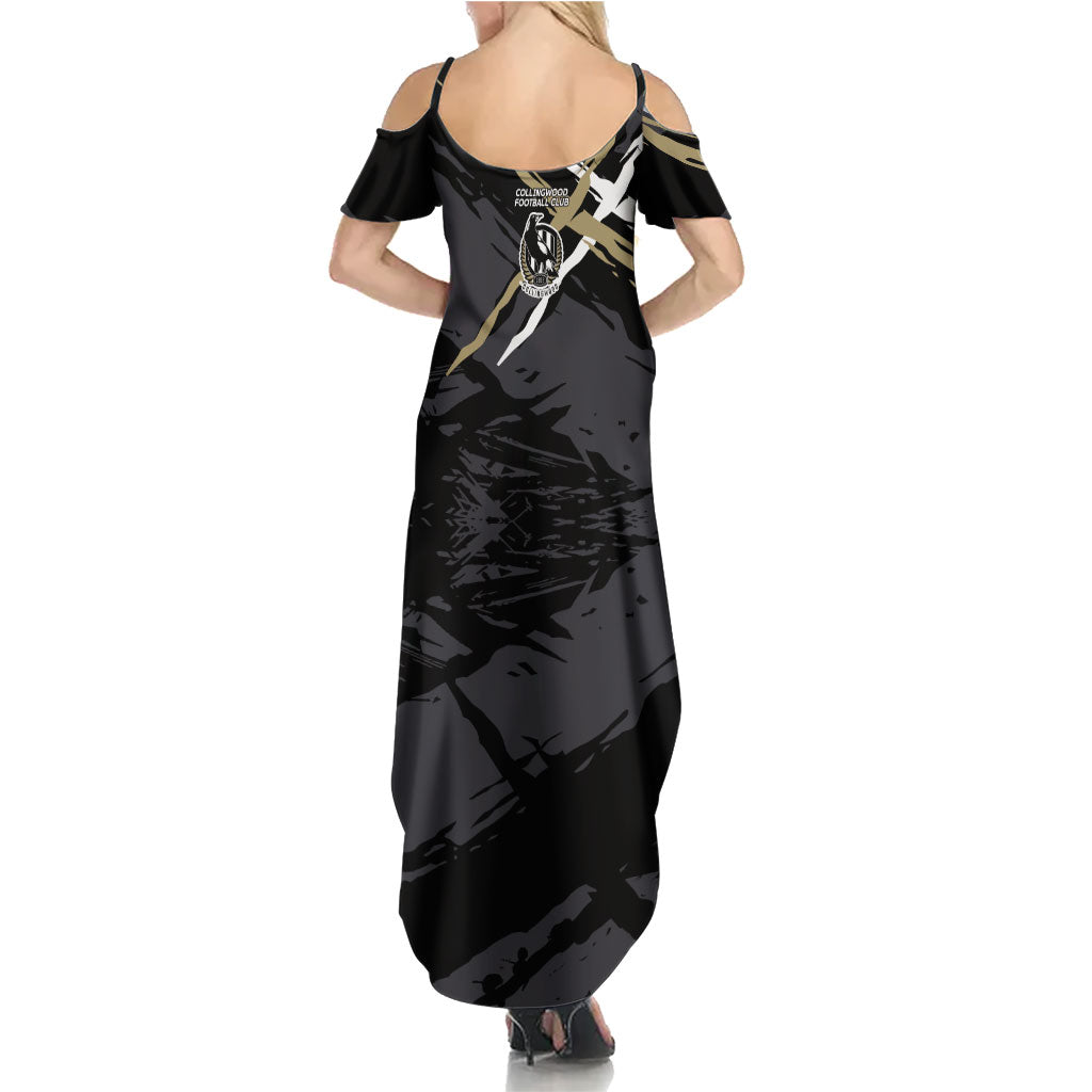 Collingwood Football Club Family Matching Summer Maxi Dress and Hawaiian Shirt Magpies Muscular Mascot Graphic - Abstract Paint Splatter Art