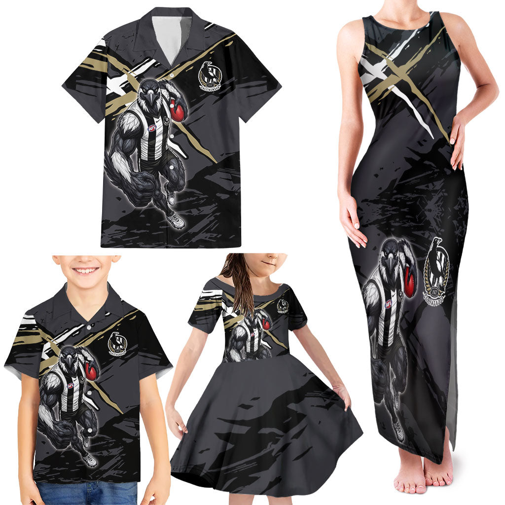 Collingwood Football Club Family Matching Tank Maxi Dress and Hawaiian Shirt Magpies Muscular Mascot Graphic - Abstract Paint Splatter Art