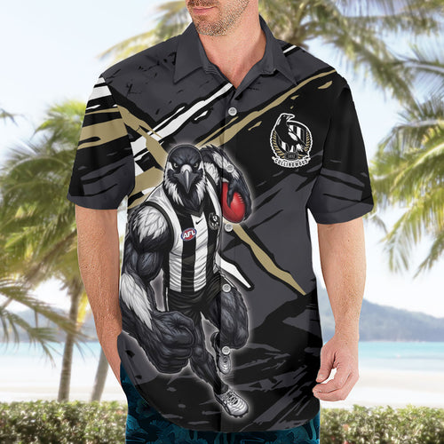 Collingwood Football Club Hawaiian Shirt Magpies Muscular Mascot Graphic - Abstract Paint Splatter Art