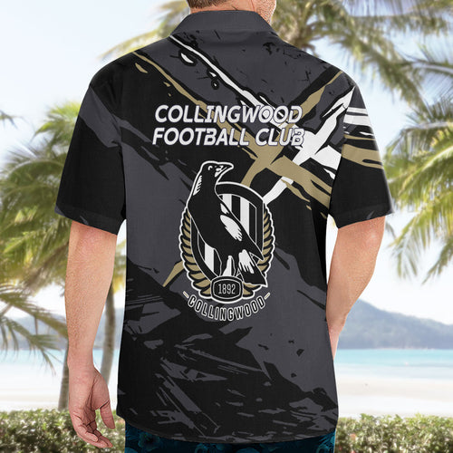 Collingwood Football Club Hawaiian Shirt Magpies Muscular Mascot Graphic - Abstract Paint Splatter Art