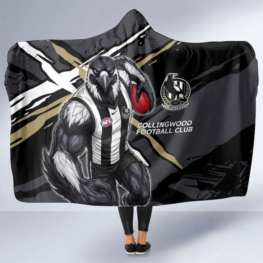 Collingwood Football Club Hooded Blanket Magpies Muscular Mascot Graphic - Abstract Paint Splatter Art