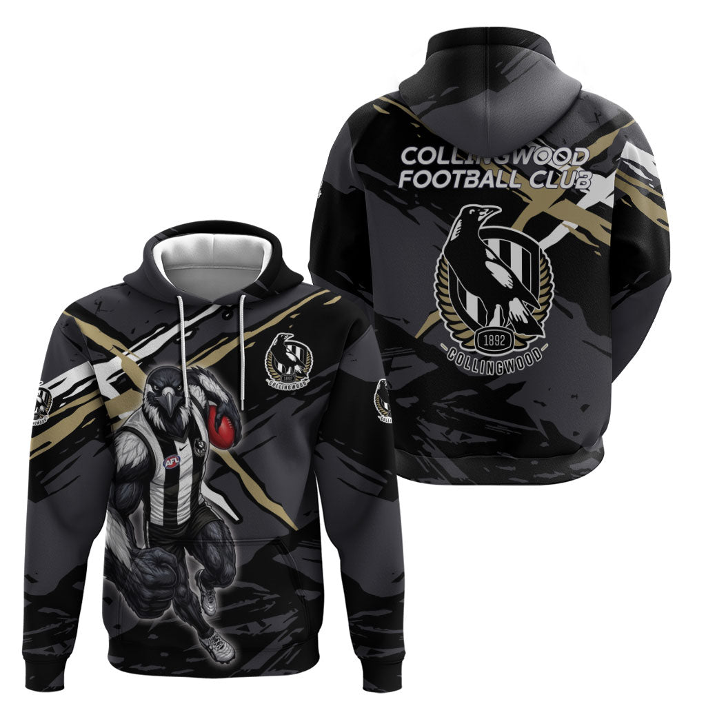 Collingwood Football Club Hoodie Magpies Muscular Mascot Graphic - Abstract Paint Splatter Art