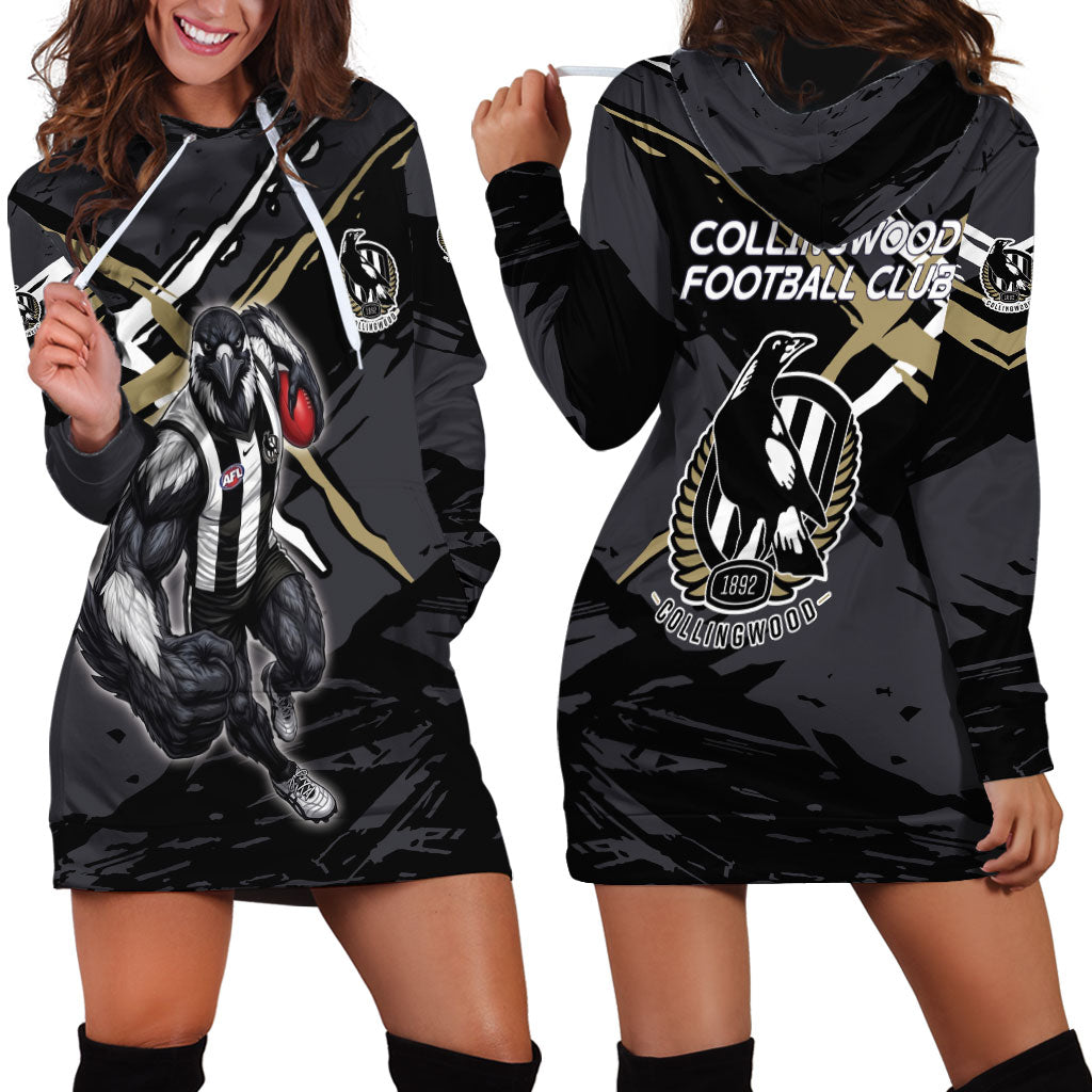 Collingwood Football Club Hoodie Dress Magpies Muscular Mascot Graphic - Abstract Paint Splatter Art