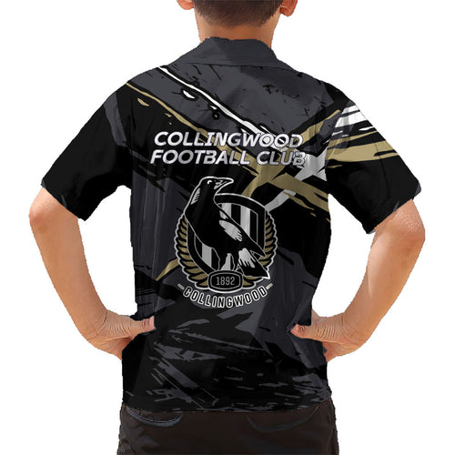 Collingwood Football Club Kid Hawaiian Shirt Magpies Muscular Mascot Graphic - Abstract Paint Splatter Art
