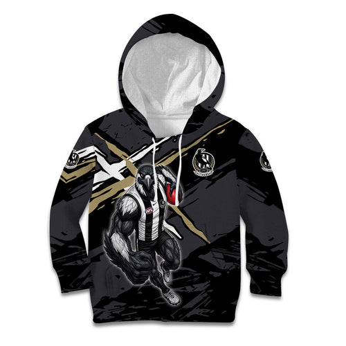 Collingwood Football Club Kid Hoodie Magpies Muscular Mascot Graphic - Abstract Paint Splatter Art