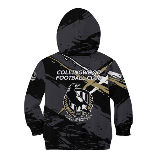 Collingwood Football Club Kid Hoodie Magpies Muscular Mascot Graphic - Abstract Paint Splatter Art