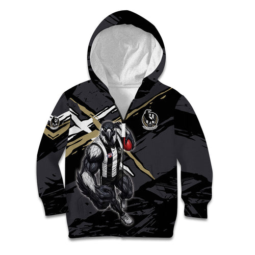 Collingwood Football Club Kid Hoodie Magpies Muscular Mascot Graphic - Abstract Paint Splatter Art