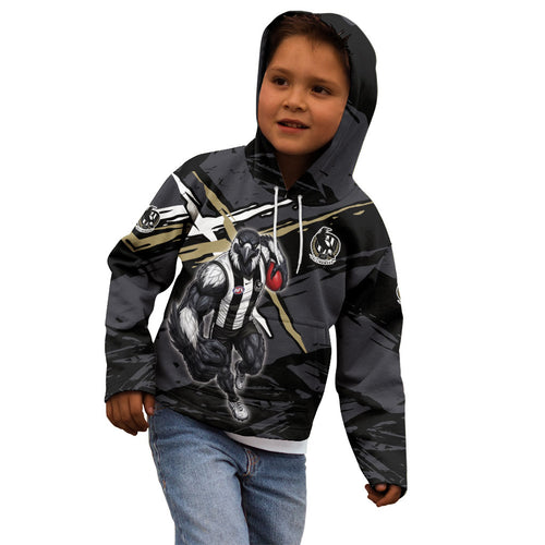 Collingwood Football Club Kid Hoodie Magpies Muscular Mascot Graphic - Abstract Paint Splatter Art