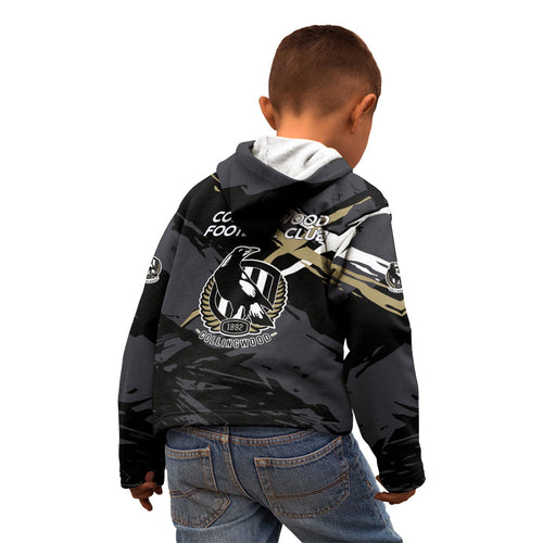 Collingwood Football Club Kid Hoodie Magpies Muscular Mascot Graphic - Abstract Paint Splatter Art