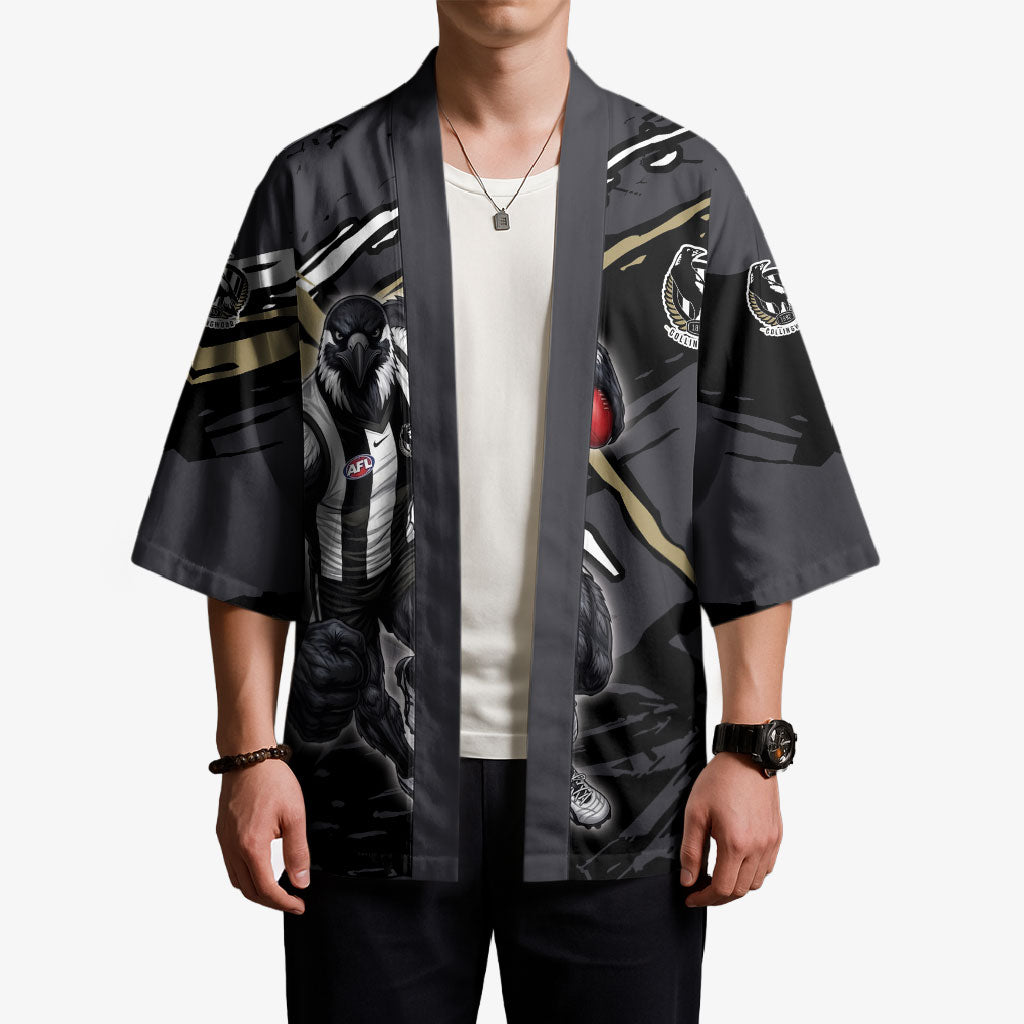 Collingwood Football Club Kimono Magpies Muscular Mascot Graphic - Abstract Paint Splatter Art