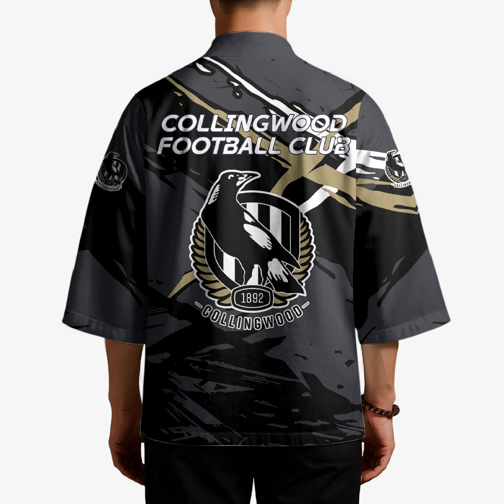 Collingwood Football Club Kimono Magpies Muscular Mascot Graphic - Abstract Paint Splatter Art