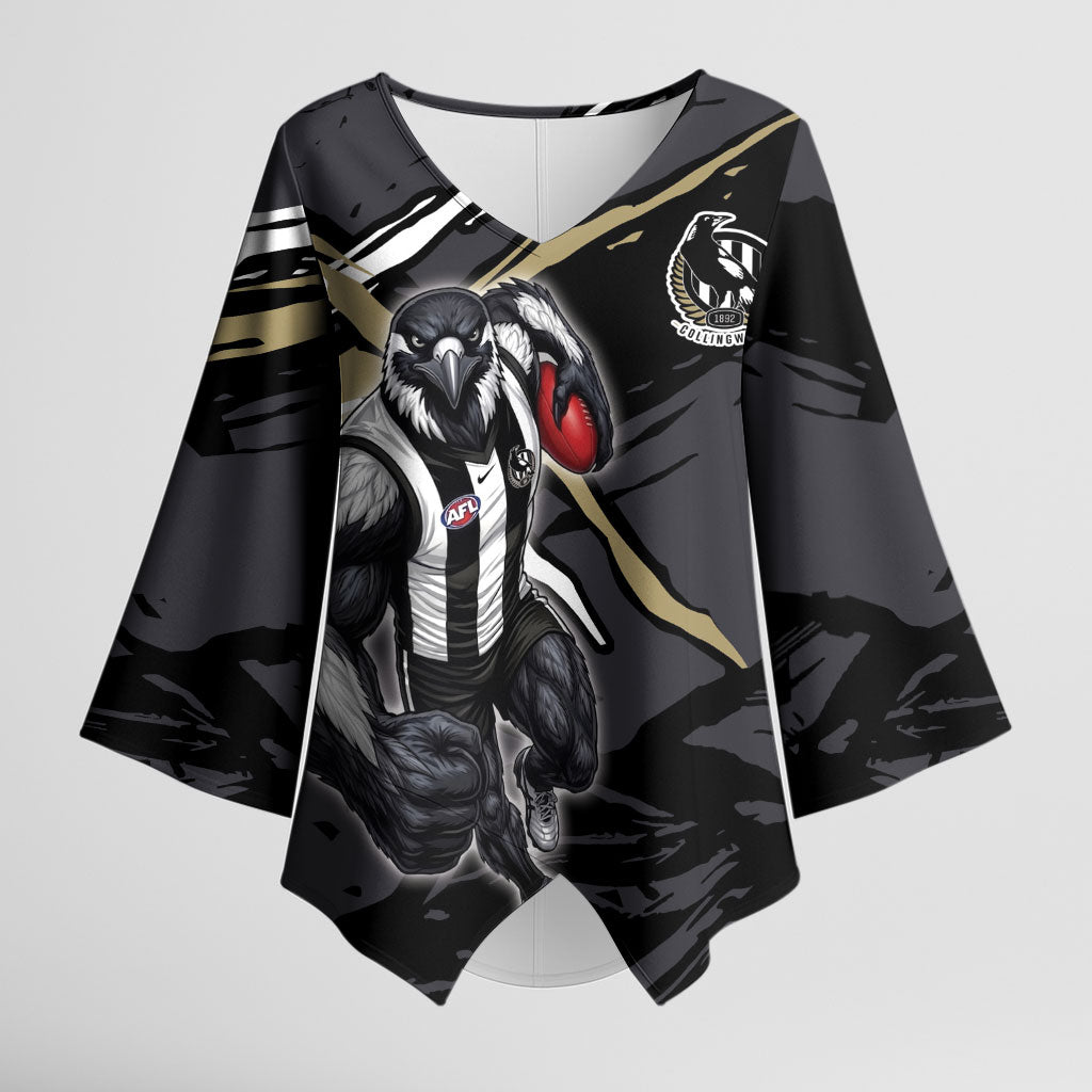 Collingwood Football Club Kimono Sleeve Blouse Magpies Muscular Mascot Graphic - Abstract Paint Splatter Art