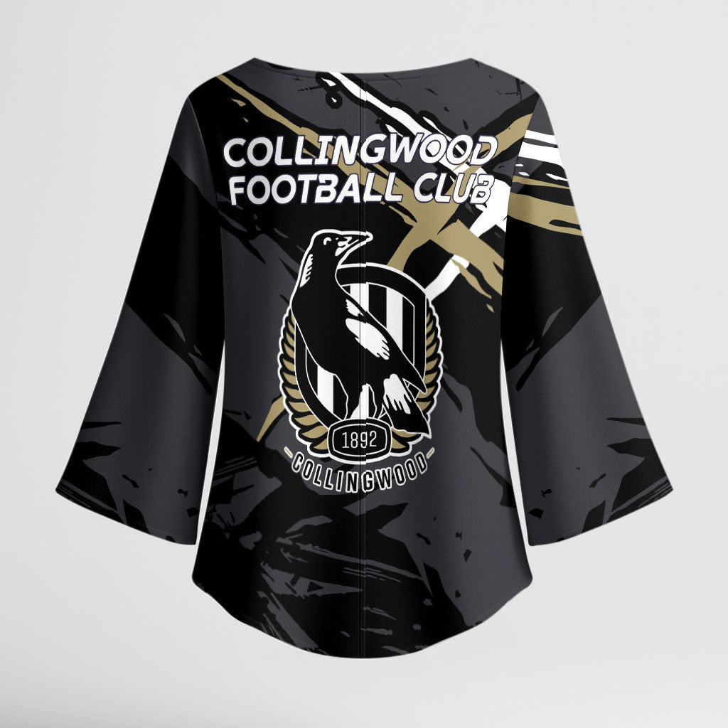 Collingwood Football Club Kimono Sleeve Blouse Magpies Muscular Mascot Graphic - Abstract Paint Splatter Art