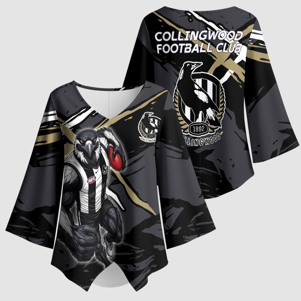Collingwood Football Club Kimono Sleeve Blouse Magpies Muscular Mascot Graphic - Abstract Paint Splatter Art