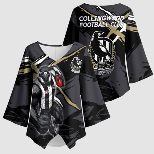 Collingwood Football Club Kimono Sleeve Blouse Magpies Muscular Mascot Graphic - Abstract Paint Splatter Art