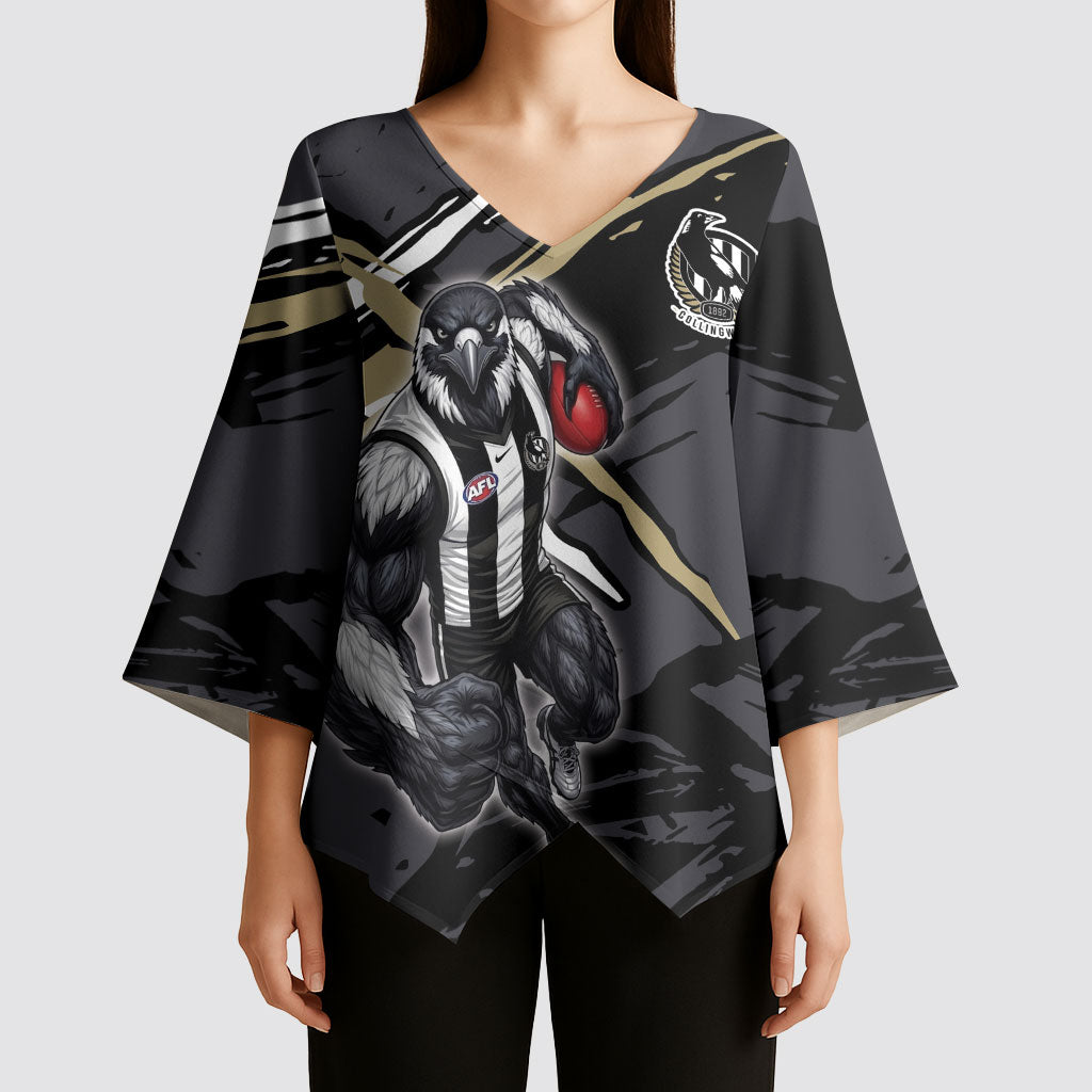 Collingwood Football Club Kimono Sleeve Blouse Magpies Muscular Mascot Graphic - Abstract Paint Splatter Art
