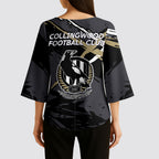 Collingwood Football Club Kimono Sleeve Blouse Magpies Muscular Mascot Graphic - Abstract Paint Splatter Art