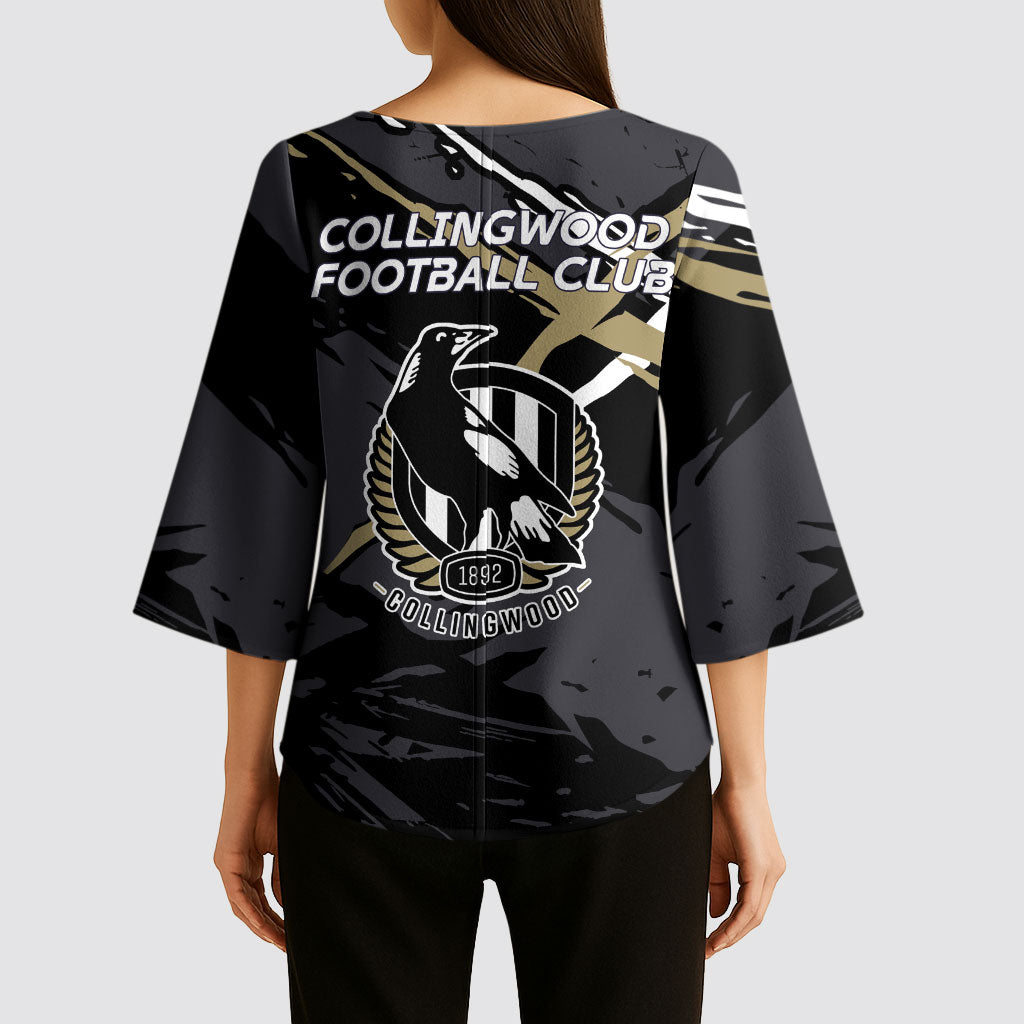 Collingwood Football Club Kimono Sleeve Blouse Magpies Muscular Mascot Graphic - Abstract Paint Splatter Art
