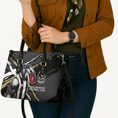 Collingwood Football Club Leather Bag Magpies Muscular Mascot Graphic - Abstract Paint Splatter Art