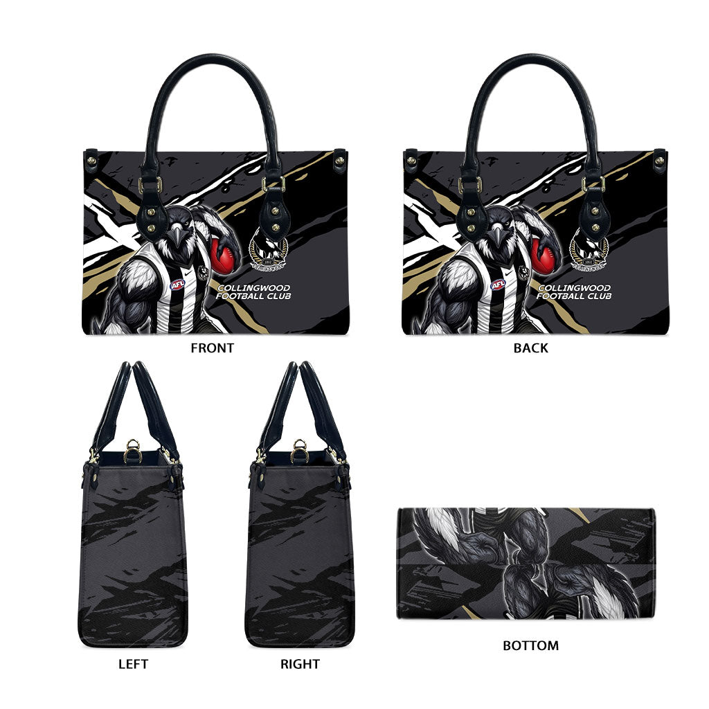 Collingwood Football Club Leather Bag Magpies Muscular Mascot Graphic - Abstract Paint Splatter Art