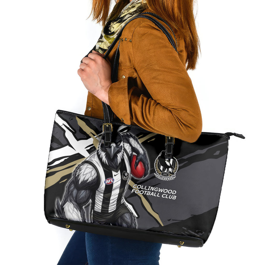 Collingwood Football Club Leather Tote Bag Magpies Muscular Mascot Graphic - Abstract Paint Splatter Art