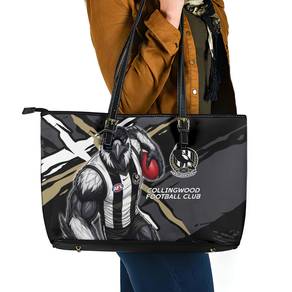 Collingwood Football Club Leather Tote Bag Magpies Muscular Mascot Graphic - Abstract Paint Splatter Art