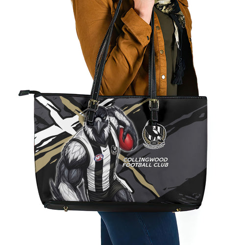 Collingwood Football Club Leather Tote Bag Magpies Muscular Mascot Graphic - Abstract Paint Splatter Art