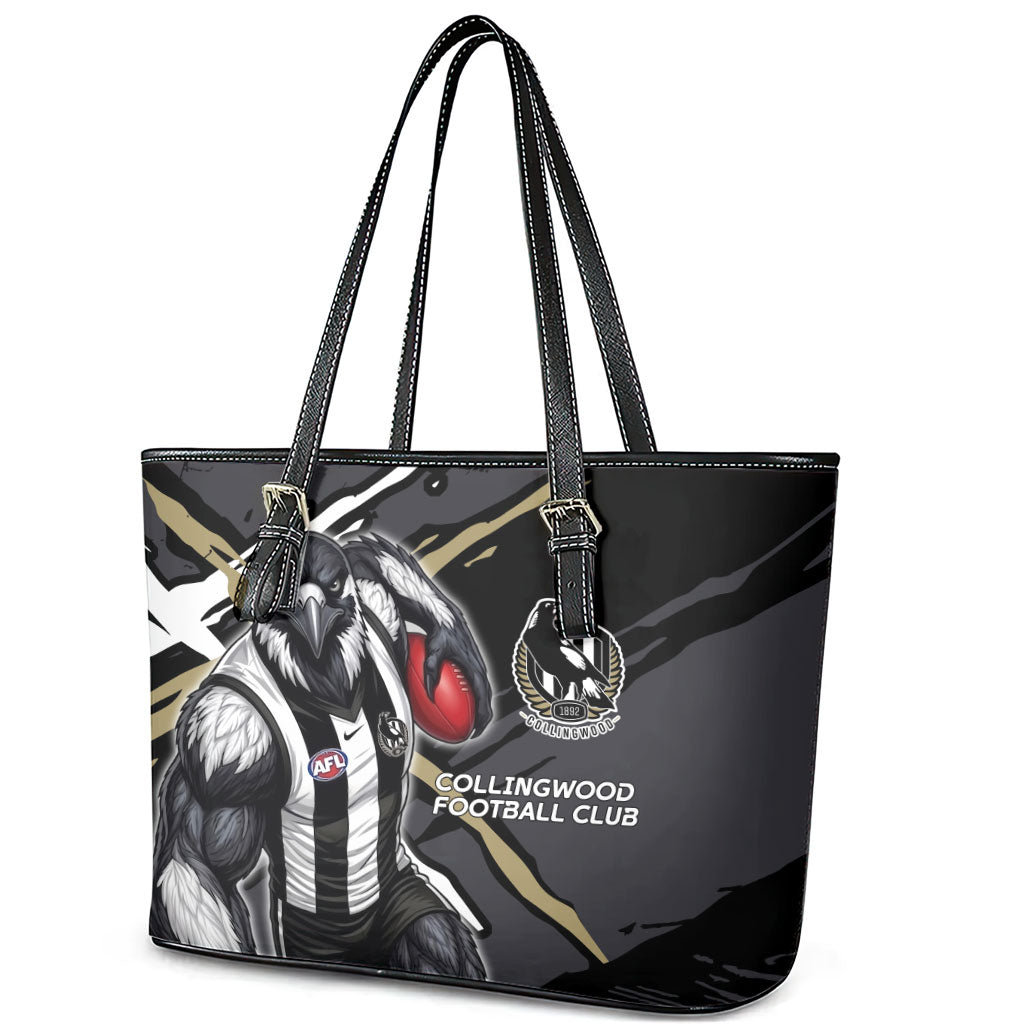Collingwood Football Club Leather Tote Bag Magpies Muscular Mascot Graphic - Abstract Paint Splatter Art