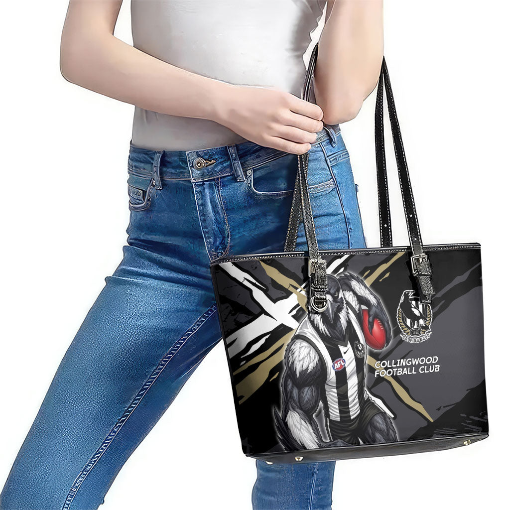 Collingwood Football Club Leather Tote Bag Magpies Muscular Mascot Graphic - Abstract Paint Splatter Art