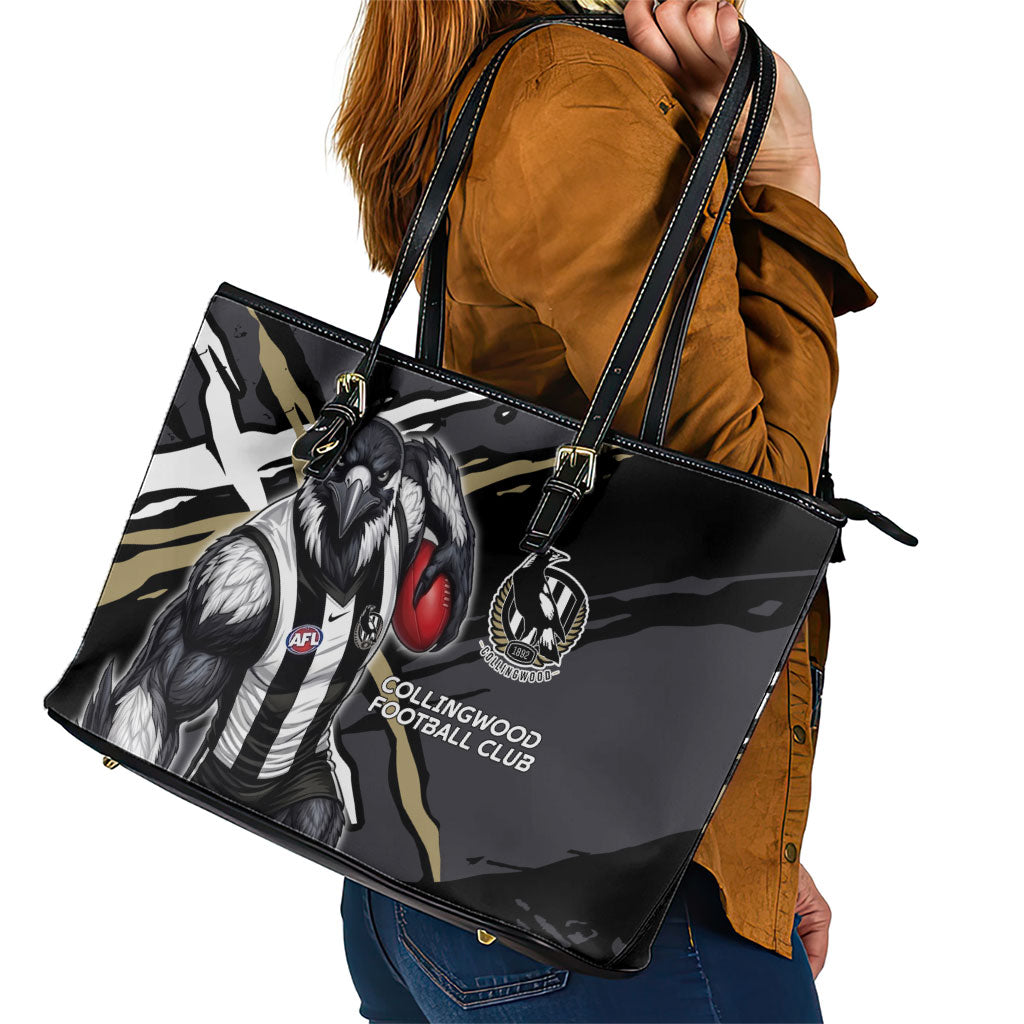 Collingwood Football Club Leather Tote Bag Magpies Muscular Mascot Graphic - Abstract Paint Splatter Art