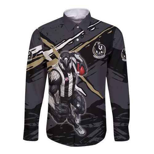 Collingwood Football Club Long Sleeve Button Shirt Magpies Muscular Mascot Graphic - Abstract Paint Splatter Art