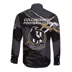Collingwood Football Club Long Sleeve Button Shirt Magpies Muscular Mascot Graphic - Abstract Paint Splatter Art
