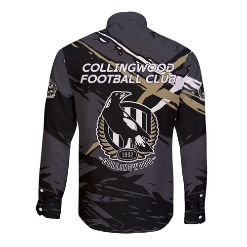 Collingwood Football Club Long Sleeve Button Shirt Magpies Muscular Mascot Graphic - Abstract Paint Splatter Art