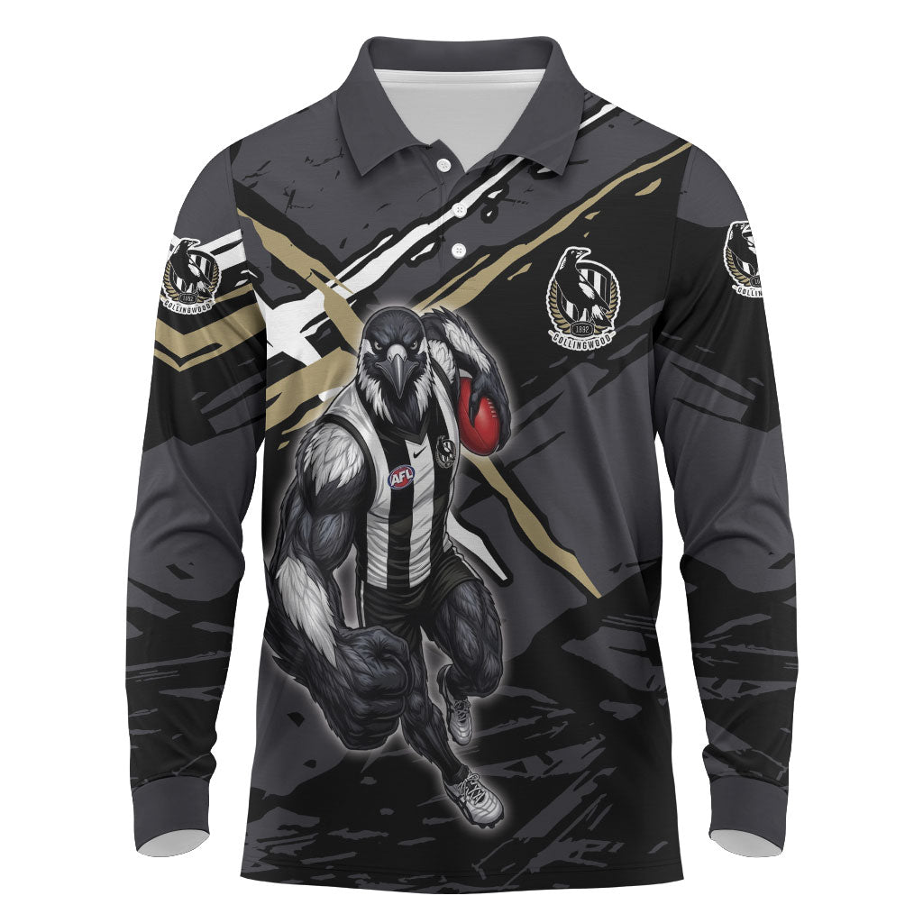 Collingwood Football Club Long Sleeve Polo Shirt Magpies Muscular Mascot Graphic - Abstract Paint Splatter Art