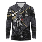 Collingwood Football Club Long Sleeve Polo Shirt Magpies Muscular Mascot Graphic - Abstract Paint Splatter Art