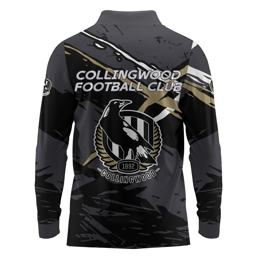 Collingwood Football Club Long Sleeve Polo Shirt Magpies Muscular Mascot Graphic - Abstract Paint Splatter Art