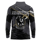 Collingwood Football Club Long Sleeve Polo Shirt Magpies Muscular Mascot Graphic - Abstract Paint Splatter Art