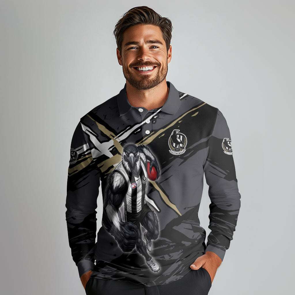 Collingwood Football Club Long Sleeve Polo Shirt Magpies Muscular Mascot Graphic - Abstract Paint Splatter Art