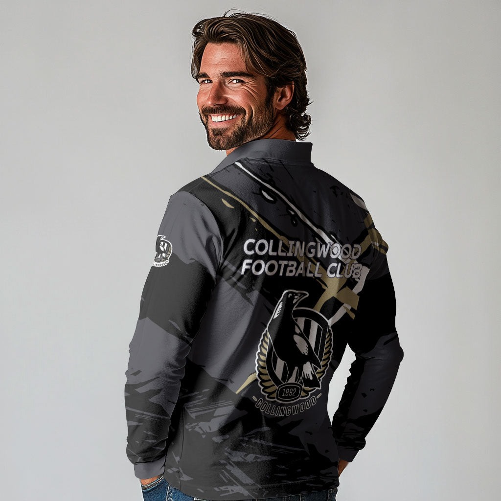 Collingwood Football Club Long Sleeve Polo Shirt Magpies Muscular Mascot Graphic - Abstract Paint Splatter Art